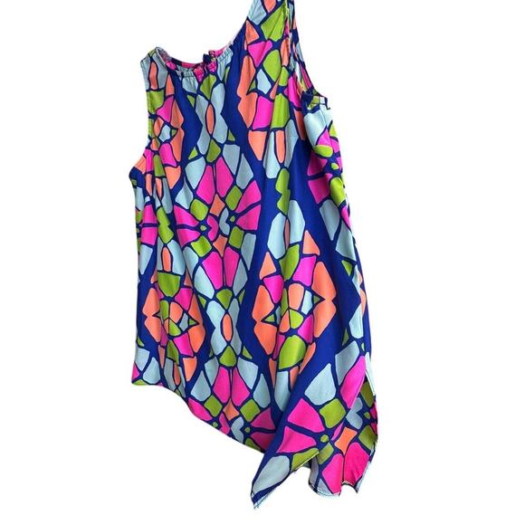 Alice & Trixie Anthro Dopamine Neon Geometric Asymmetrical Hem Silk‎ Top Sz S - Picture 6 of 14
